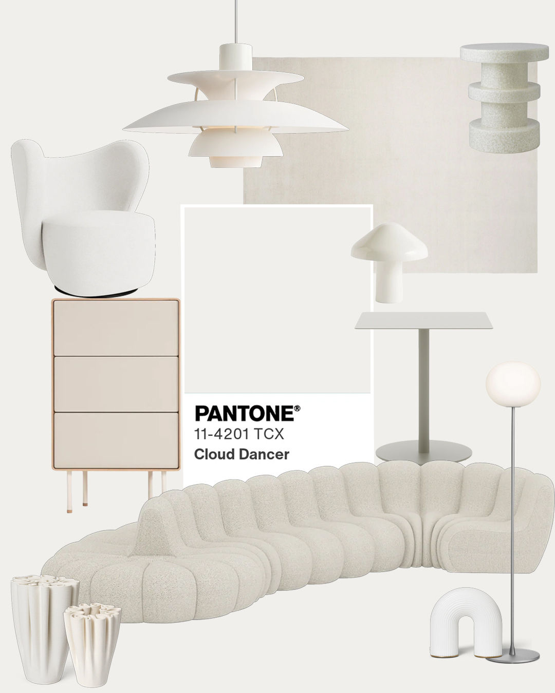 Cloud Dancer moodboard with sculptural white lamps, seating and furniture