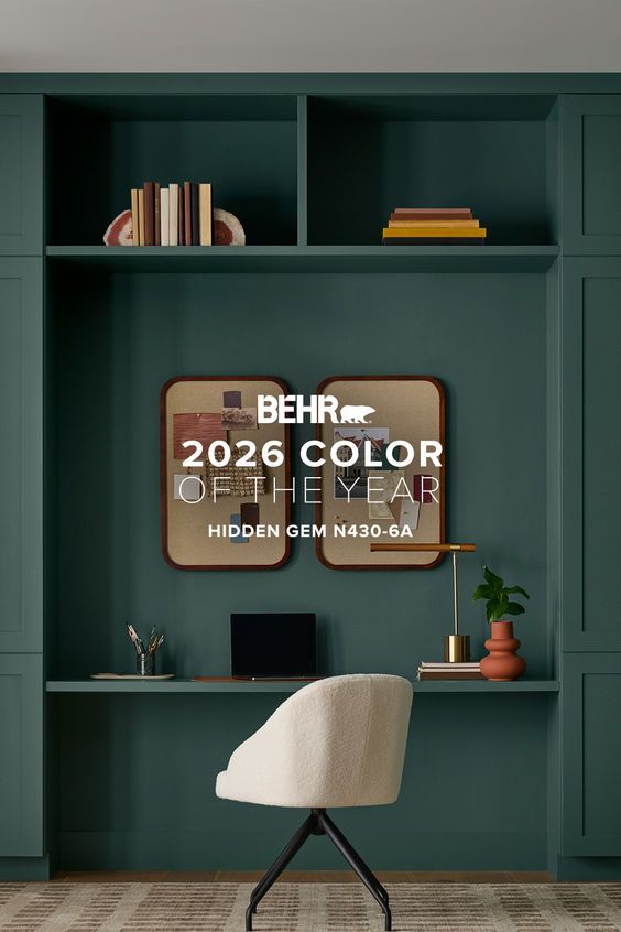BEHR Hidden Gem smoky jade wall with open shelving and a sculptural light chair